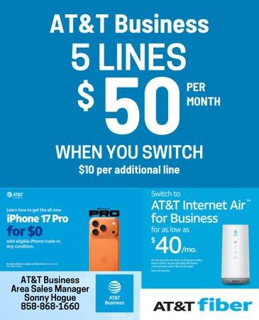 5 Lines for $50 with a New iPhone from AT&T Business (San Diego) 5 Lines for $50 with a New iPhone from AT&T Business (San Diego)