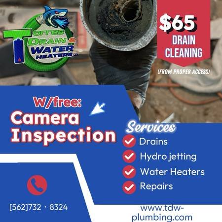 $65 Drain Cleaning and Plumbing with Camera Inspection (Water Heater Service $95) $65 Drain Cleaning and Plumbing with Camera Inspection (Water Heater Service $95)