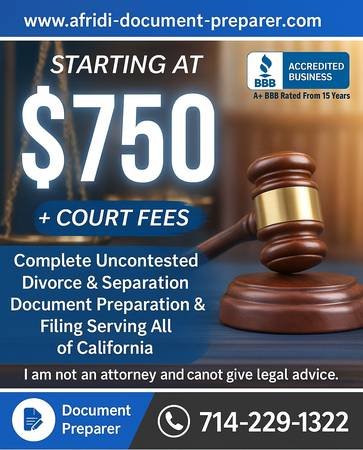 Amicable Divorce without Attorney-A+ BBB Rated for last 15 years (Costa Mesa)s