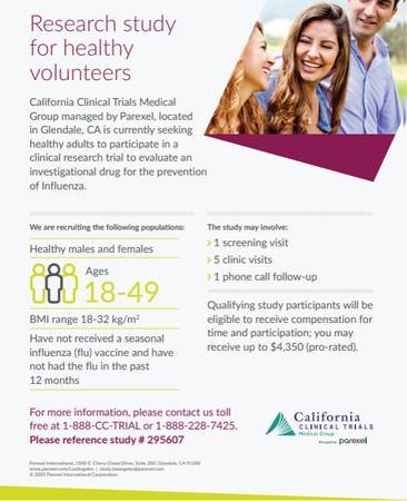 Paid Research for Healthy Volunteers, Up to $4,350 Compensation if Qualified (Glendale)s
