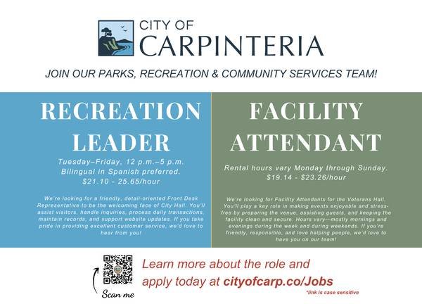 City of Carpinteria Hiring! Recreation Leader Positions (Multiple) (Carpinteria)s